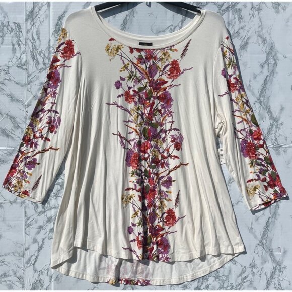 JM Collection Womens 3X Floral Print Cream 3/4 Sleeve Top Rayon & Spandex - Picture 1 of 7